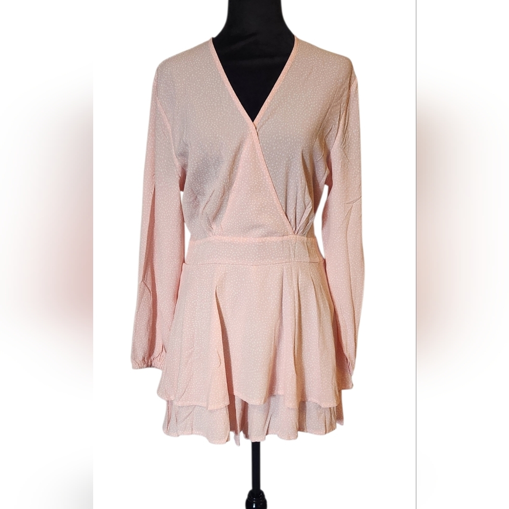 Women's Cute Long Sleeve Pink Romper/Shorts Polka Dot, Tie Bow Zip Back, L
